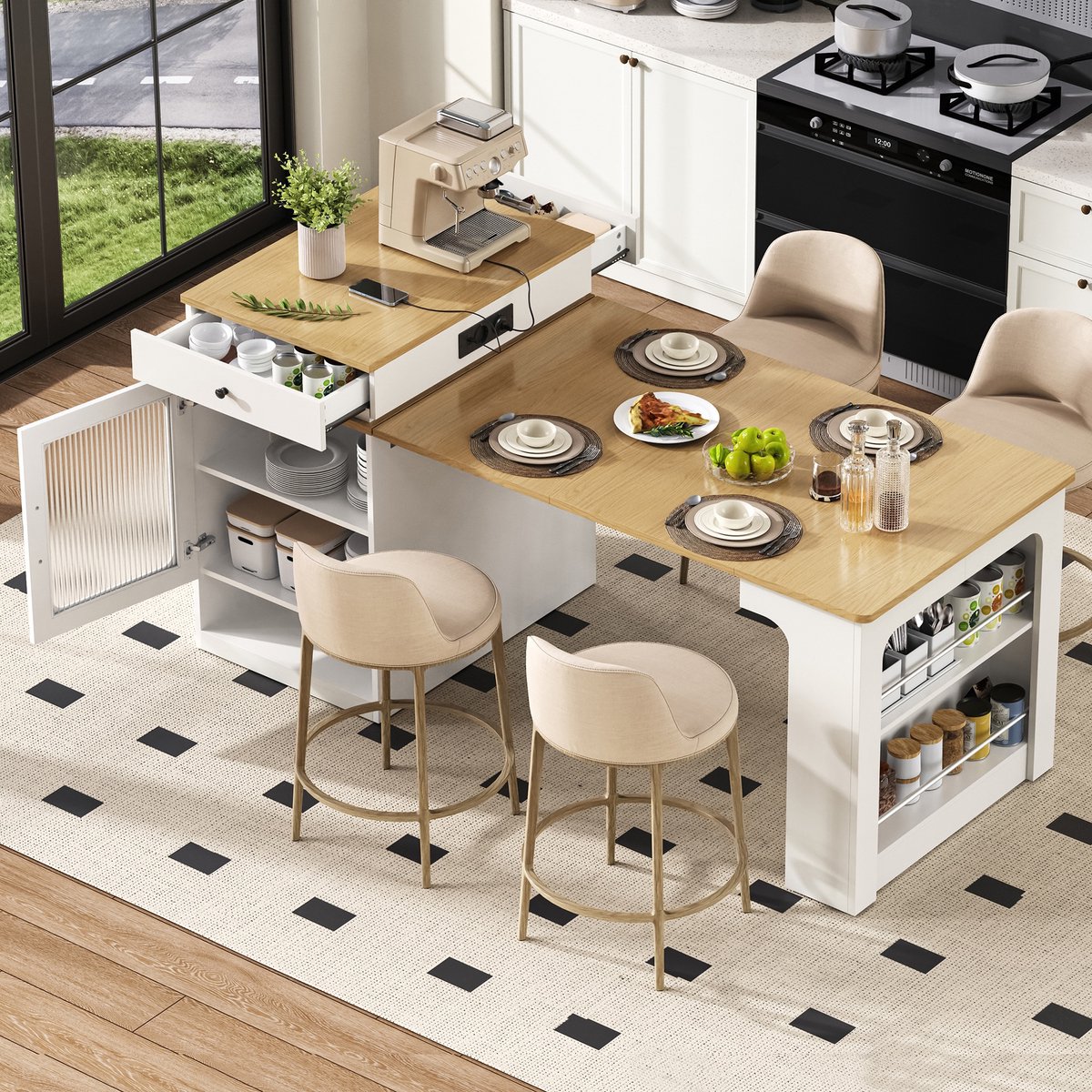 Sweiko Uitschuifbare Eettafel - Keukeneiland - Dressoir - 2 lades - Opbergplank - Met stopcontacten - Naturel + Wit