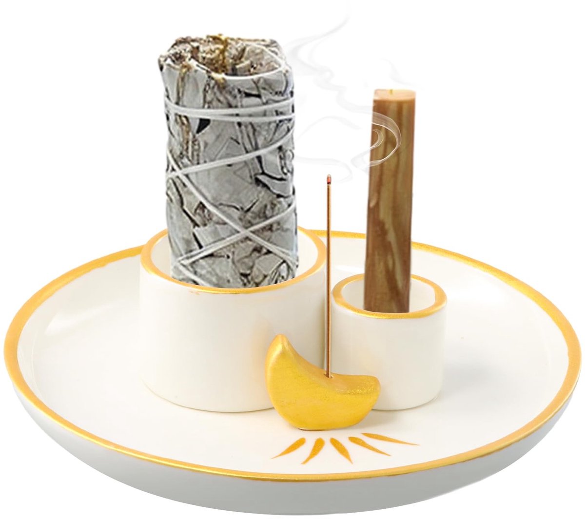 Dailygoods- Wierookbrander 4-in-1 - Wierookstokhouder - Palo Santo-brander - Saliebrander - Kandelaar - Keramiek 15,2 cm diameter - Wierookhouder