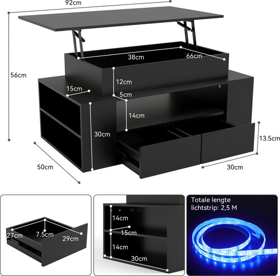 Afmetingen van zwarte salontafel met lift-bureau, opberglades, opbergvakken en LED-strip.