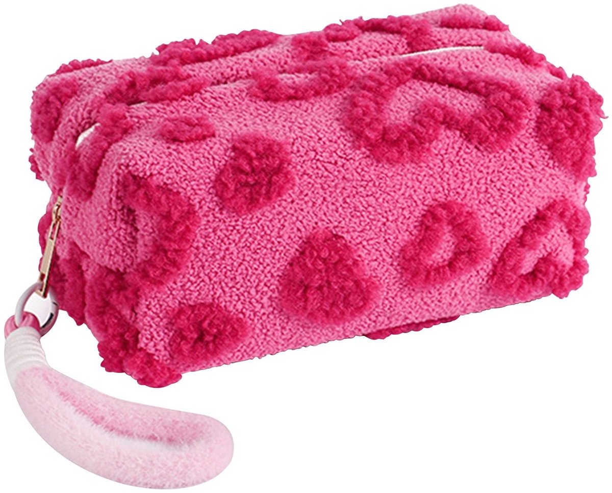 Dailygoods- Make-uptas Pluche met hartpatroon - Toilettas Dames - Make-uptas met Ritssluiting - Make-uptas met Handvat - Reiscadeau - Zacht en Warm