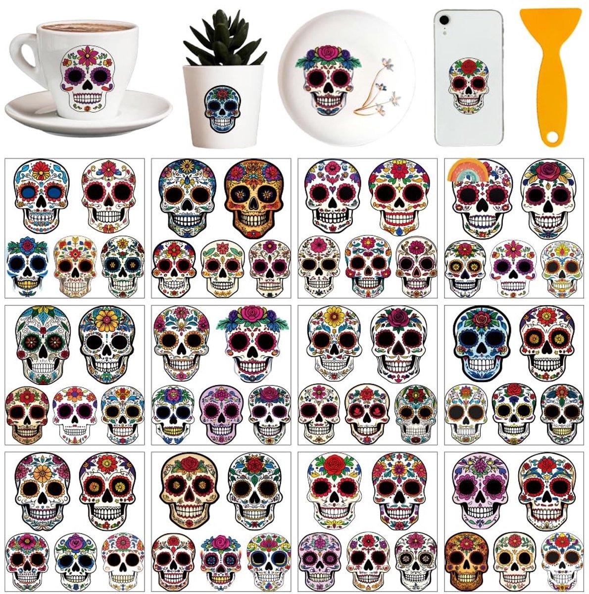 Dailygoods- Transferstickers 12 Vellen - Sugar Schedel - Bloemenpatroon - Raamdecoratie - Meubelstickers - DIY Knutselbenodigdheden - Muursticker