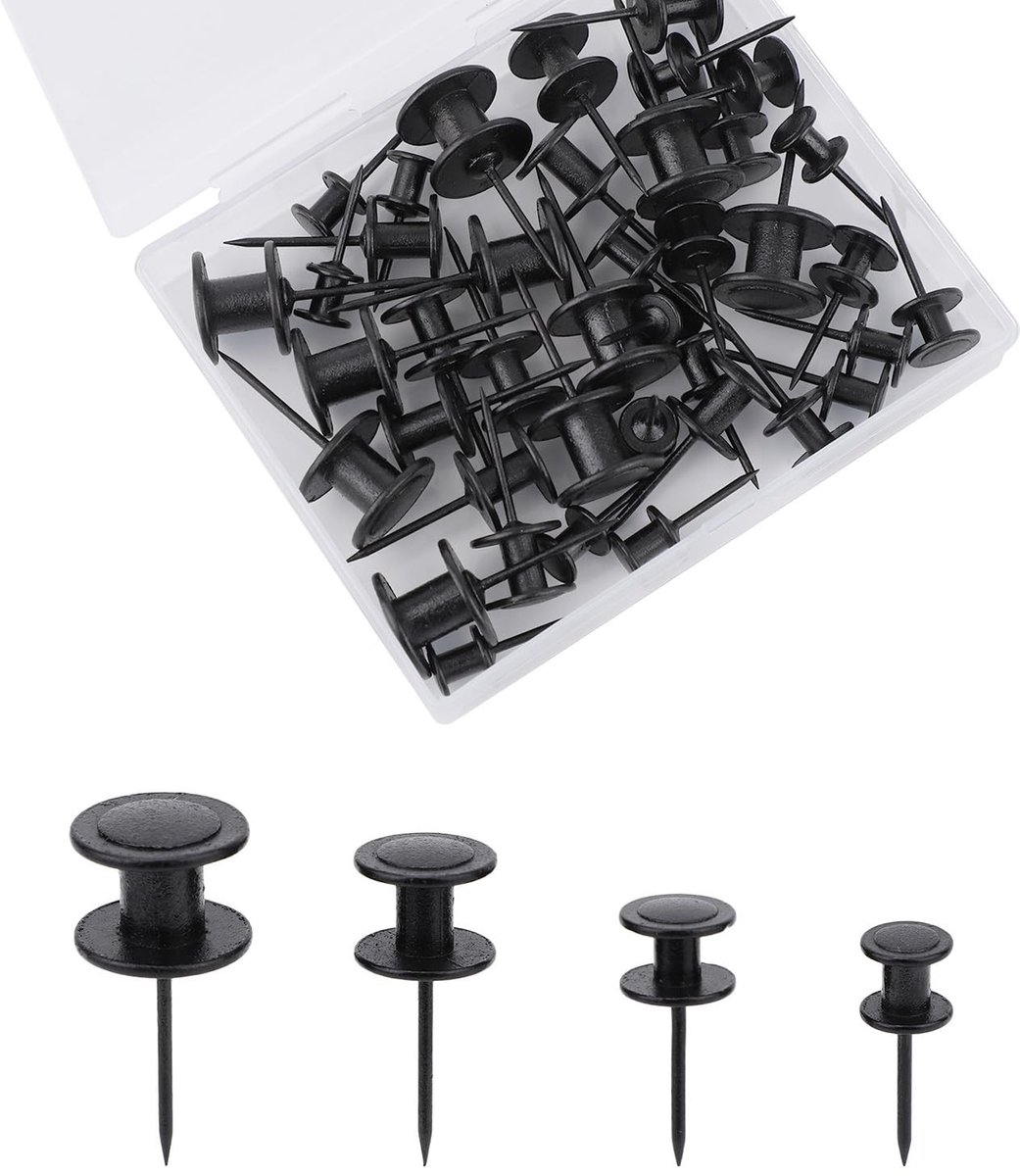 Dailygoods- Schilderijhangers 40 Stuks - Dubbelkoppige Punaises - Zinklegering/ijzeren Naald - 4 Maten - Flexibel Gebruik - Zwart - Fotohangers