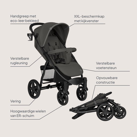 Lionelo Buggy Annet Plus – Lichtgewicht & Inklapbaar – Grote Massieve Wielen met Vering – Inclusief Voetenzak, Klamboe & Bekerhouder – Verstelbare Rugleuning & Voetsteun – Wandelwagen vanaf de geboorte tot 22 kg – Kinderwagen