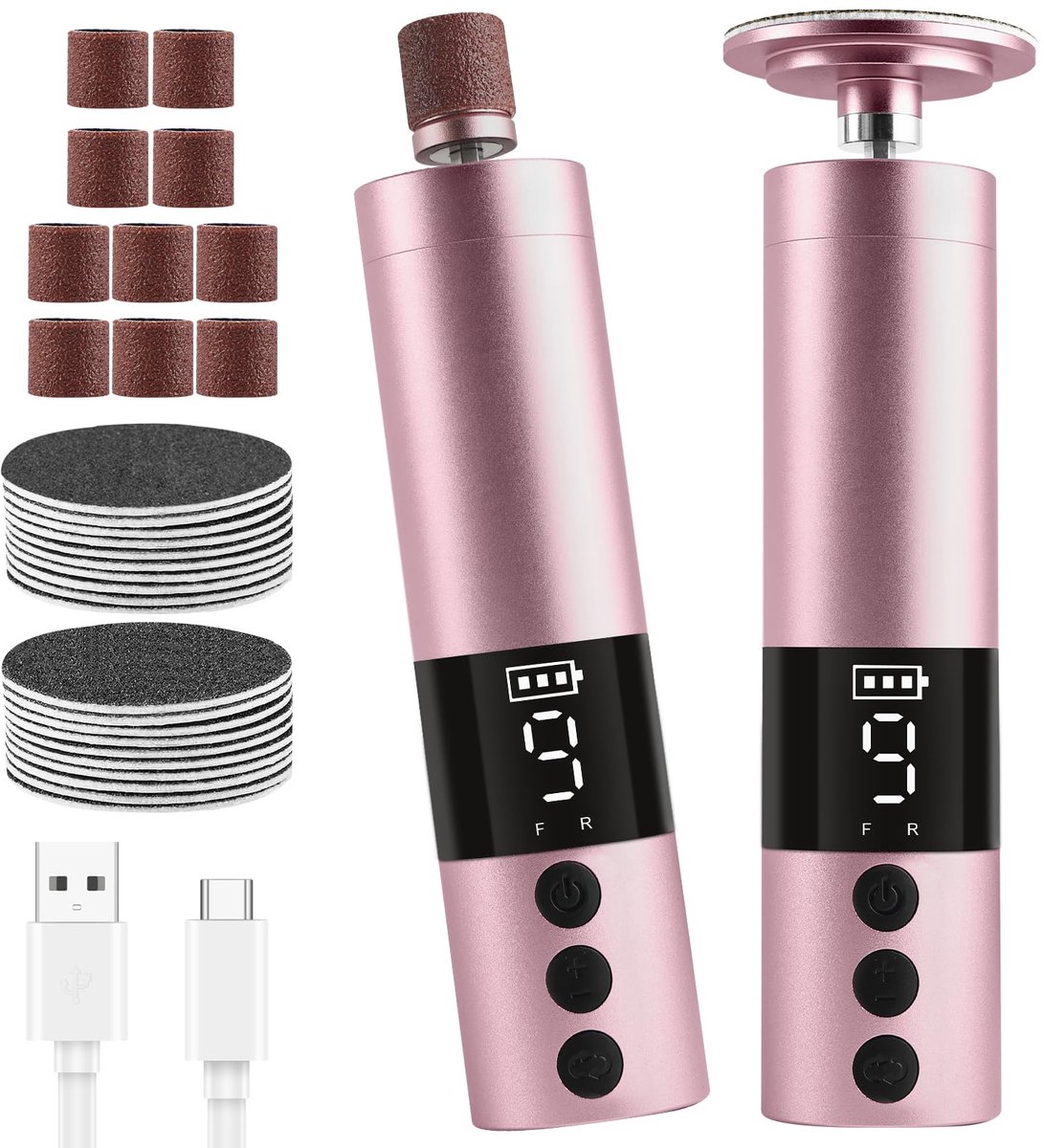 carmdering - Elektrische Voetvijl - Oplaadbare Voetvijl - Eeltverwijderaar - Roze, 2 slijpkoppen, 9 snelheden (0-11.000 RPM) - 20 schuurschijven + 10 nagelringen - Aluminium behuizing - Cadeau voor moeder en vriendin