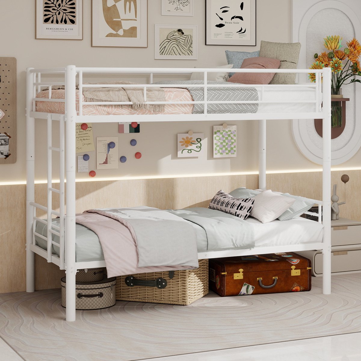 Metalen Stapelbed - Kinderbed Hoogslaper Met Ladder En Valbeveiliging - Wit
