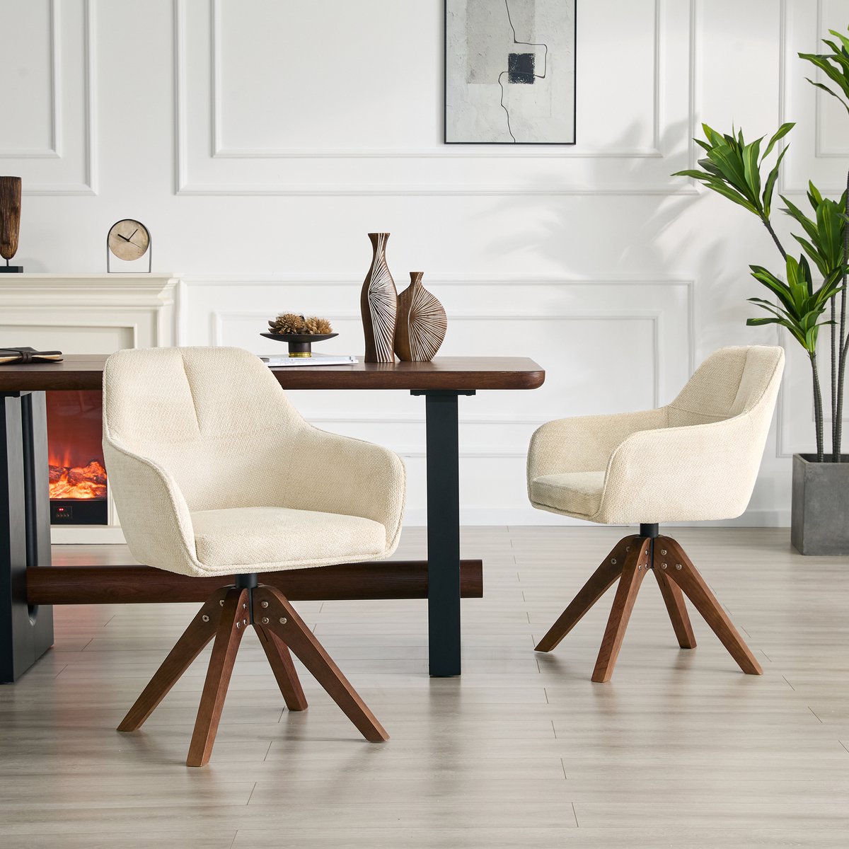 Clruro Eetkamerstoel - 2-delige set - 360° draaistoel ergonomische rugleuning - eetkamer - stof + hout - crème / walnoot