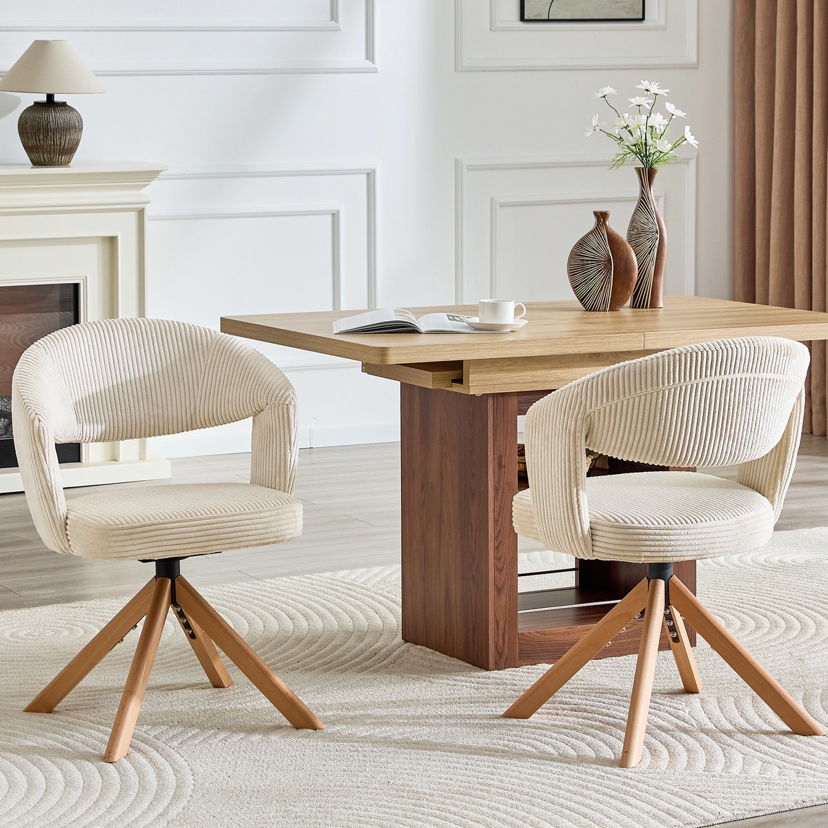 Clruro Eetkamerstoel - 2-delig - 360° draaistoel retro gewelfde rugleuning - eetkamer woonkamer - corduroy + hout - crème wit Wit, Hout