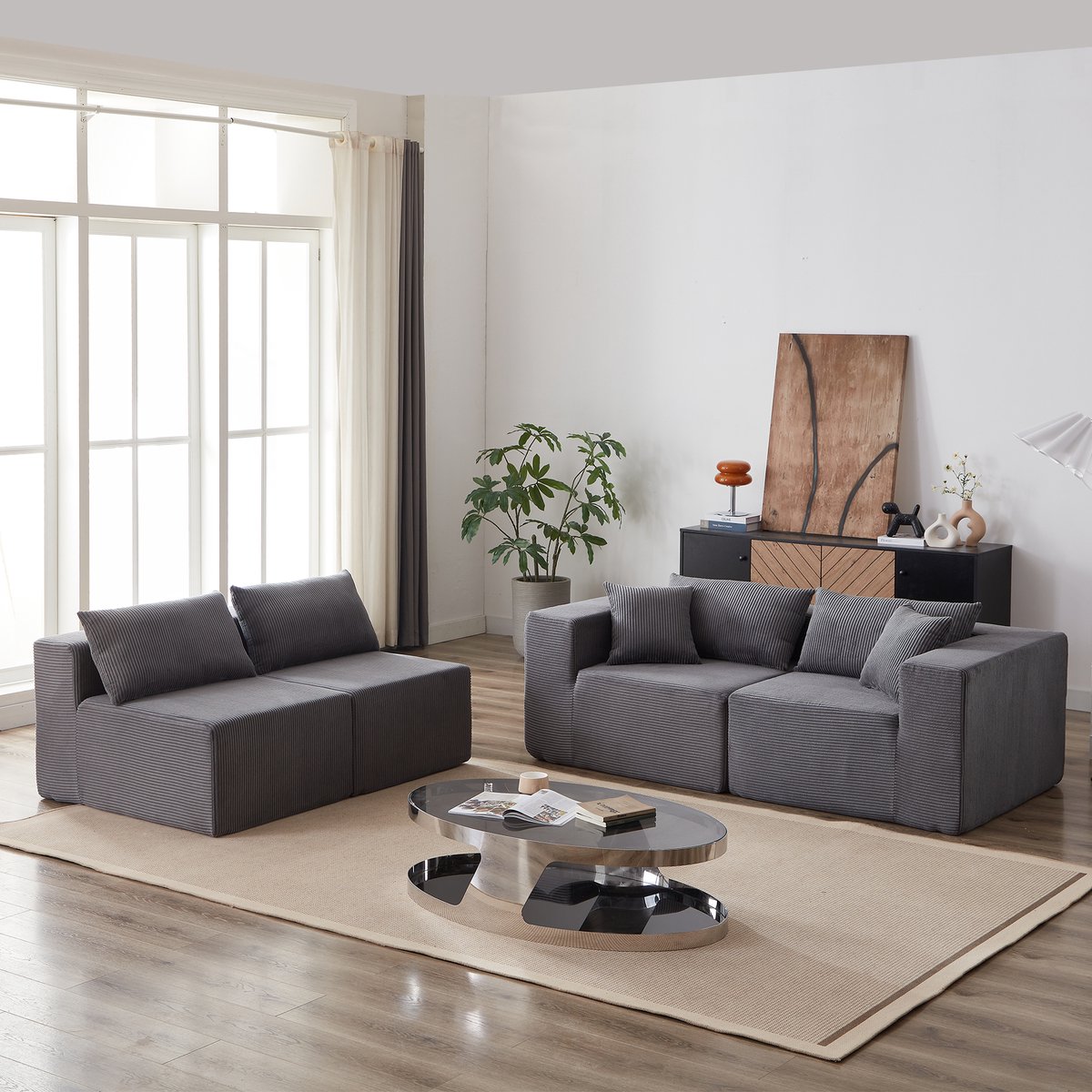 Zubaliya Modulair L-vorm corduroy bank 4-delig - 264 cm (104 inch) - 4 losse modules, vrij te combineren, schuimgevuld - Geen montage, extra breed zitvlak, zachte corduroy stof - Geschikt voor woonkamer, slaapkamer en appartement Grijs