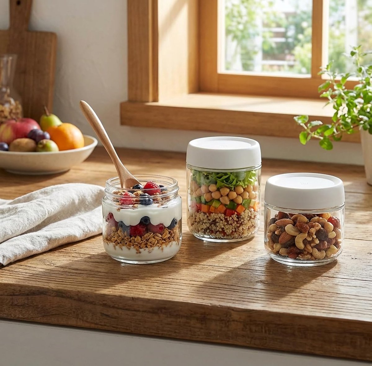 Set van 3 overnight oats potjes glas - vershoudbakjes - voorraadpotten - glazen potjes met deksel - Met deksels - 283 ml - Geschikt voor saladedressings en snacks - Meerkleurig — cadeau in Wonen & Interieur - foto 4