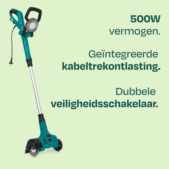 Elektrische onkruidborstel met 500W vermogen, geïntegreerde kabeltrekontlasting en dubbele veiligheidsschakelaar.
