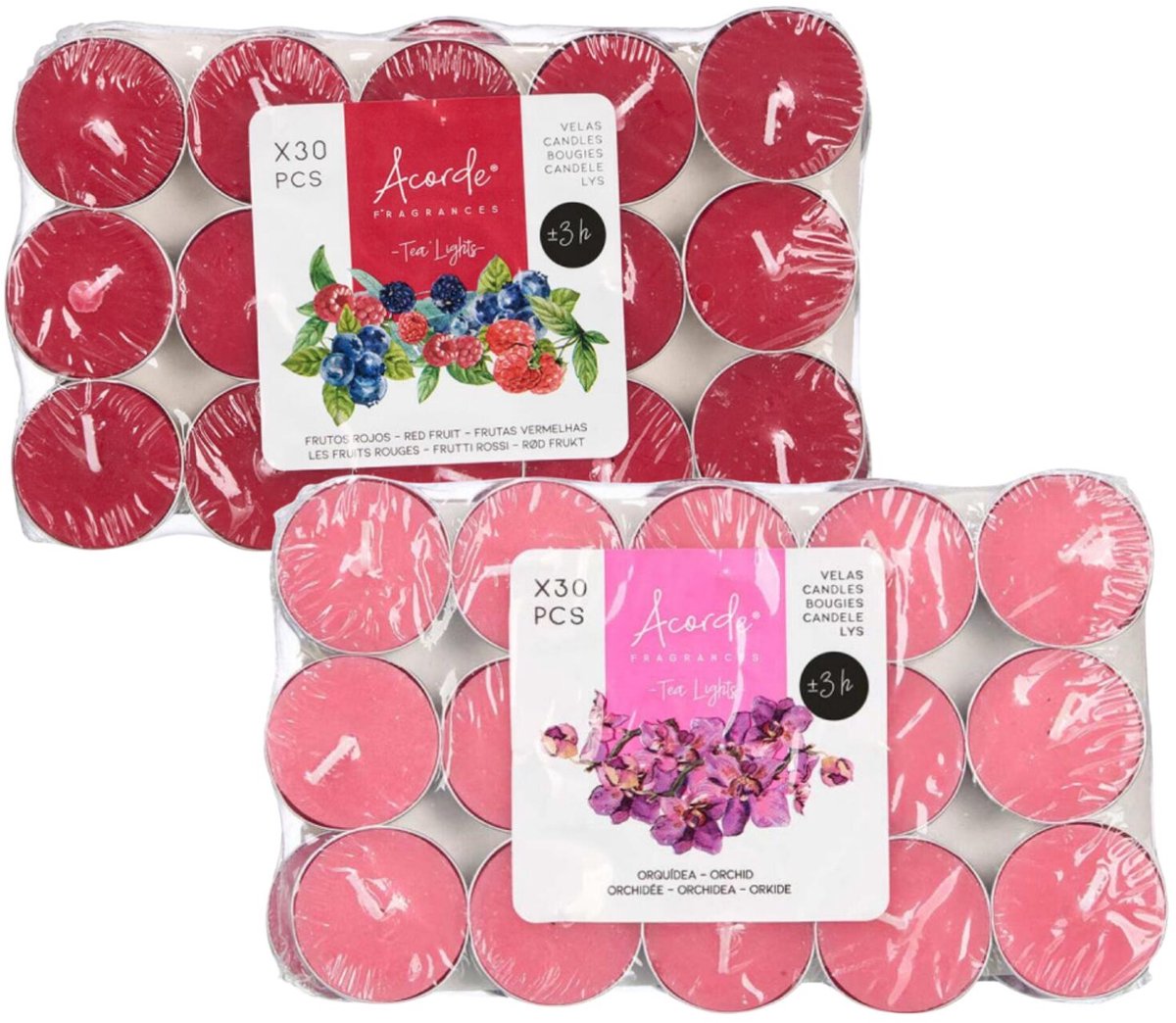 Atmosphera Acorde theelichtjes - 60x - 30x rode vruchten - 30x orchidee - aroma/geurkaarsen Lichtroze