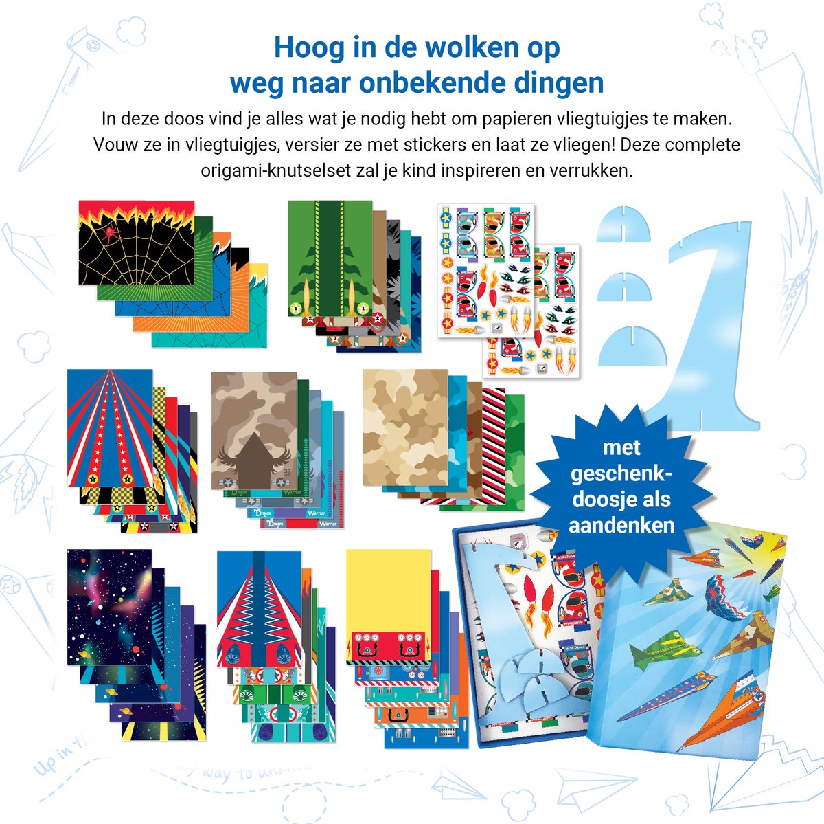 BOX CANDIY Origami Vliegtuig Knutselset voor Kinderen I Maak 40 Kleurrijke Papieren Vliegtuigen met Vouwpatronen, Stickers, Standaard & Opbergdoos I Creatieve Knutselbox met Instructies