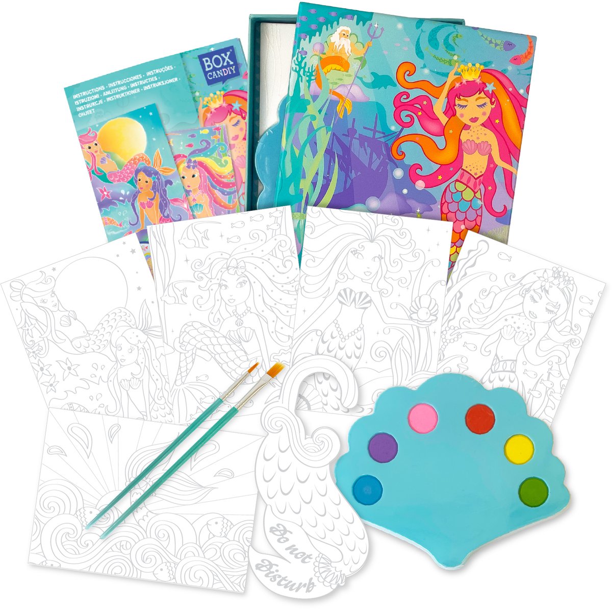 BOX CANDIY Zeemeermin Waterverf Knutselset voor Kinderen I Inclusief 5 Schilderkaarten, Deurhanger, Penselen, Palet & Opbergdoos I Creatieve Schilder Activiteit