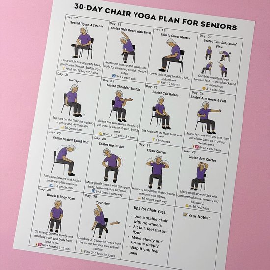 Stoelyoga Poster - Oefenschema Senioren - Thuis Fitness - Beschermt Gewrichten - 20.3x25.4 cm - Blauw — afbeelding 3