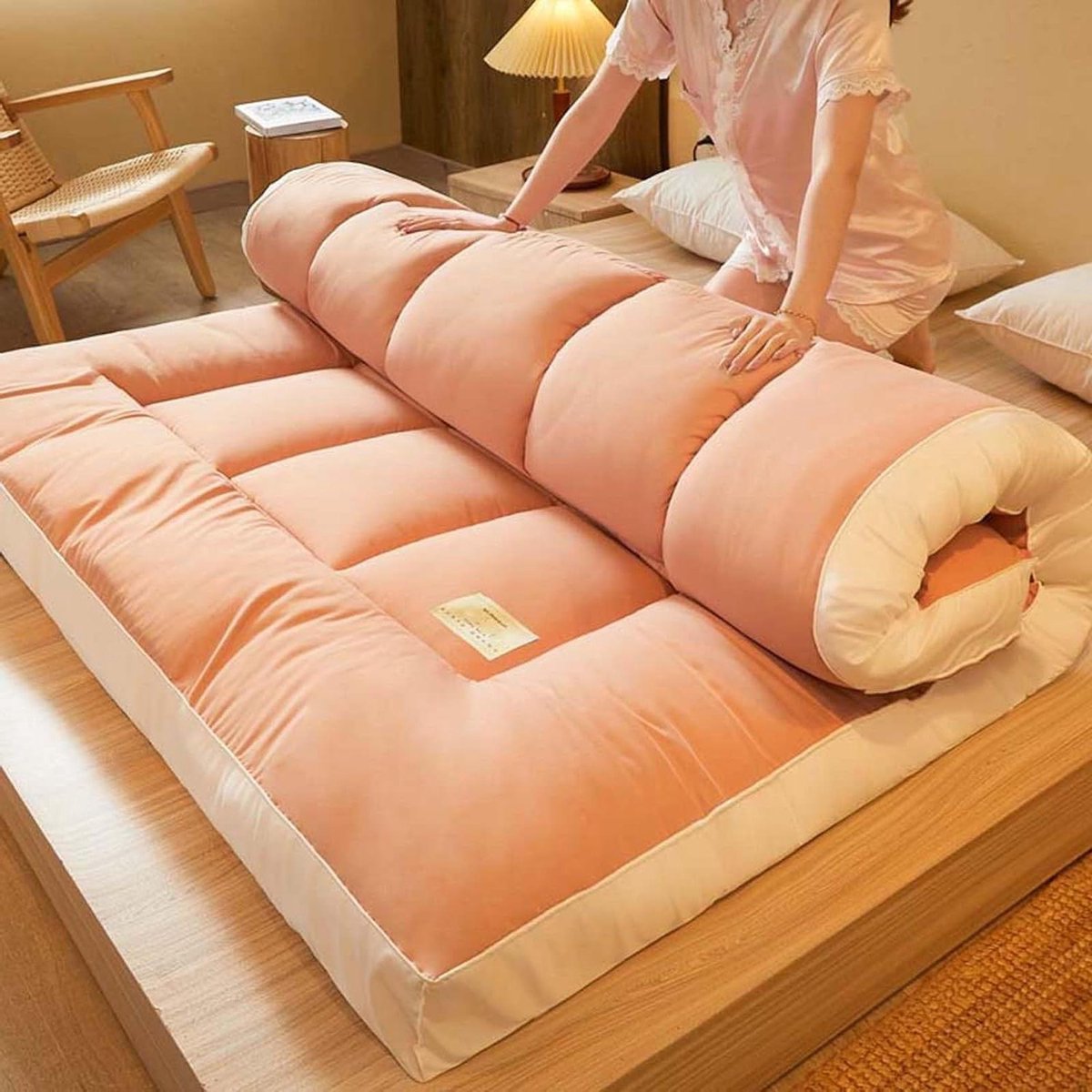 Japanse Matras - Futon Vloerbed - Comfortabel Slapen - Opvouwbaar Draagbaar - 90x200cm - Roze
