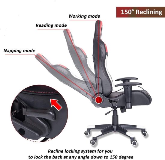 Gaming Stoel - Ergonomische Racer - Comfortabel Zitten - Verstelbare Lendensteun - 225 Pond Gewicht - Rood — afbeelding 4