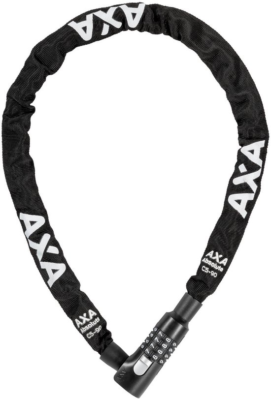 Antivol chaîne noir AXA Absolute C5-90 avec serrure à combinaison, en boucle sur fond blanc.