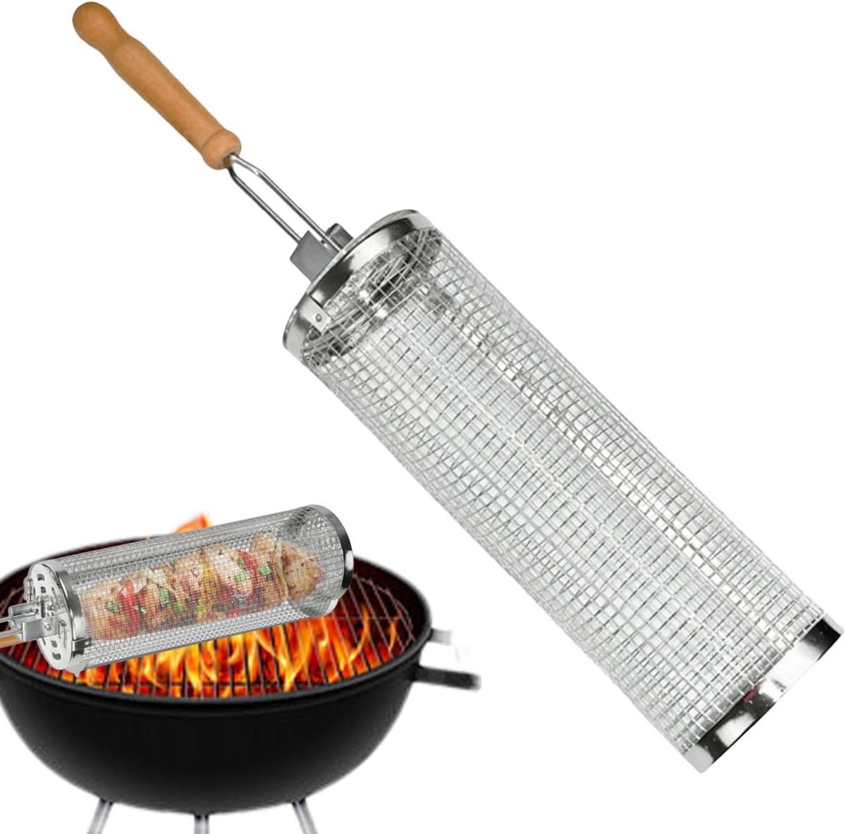 Grillmanden - BBQ Kooi - Gelijkmatig Grillen - Ronde Gaasstructuur - 26 x 14 x 14 cm - Zilver