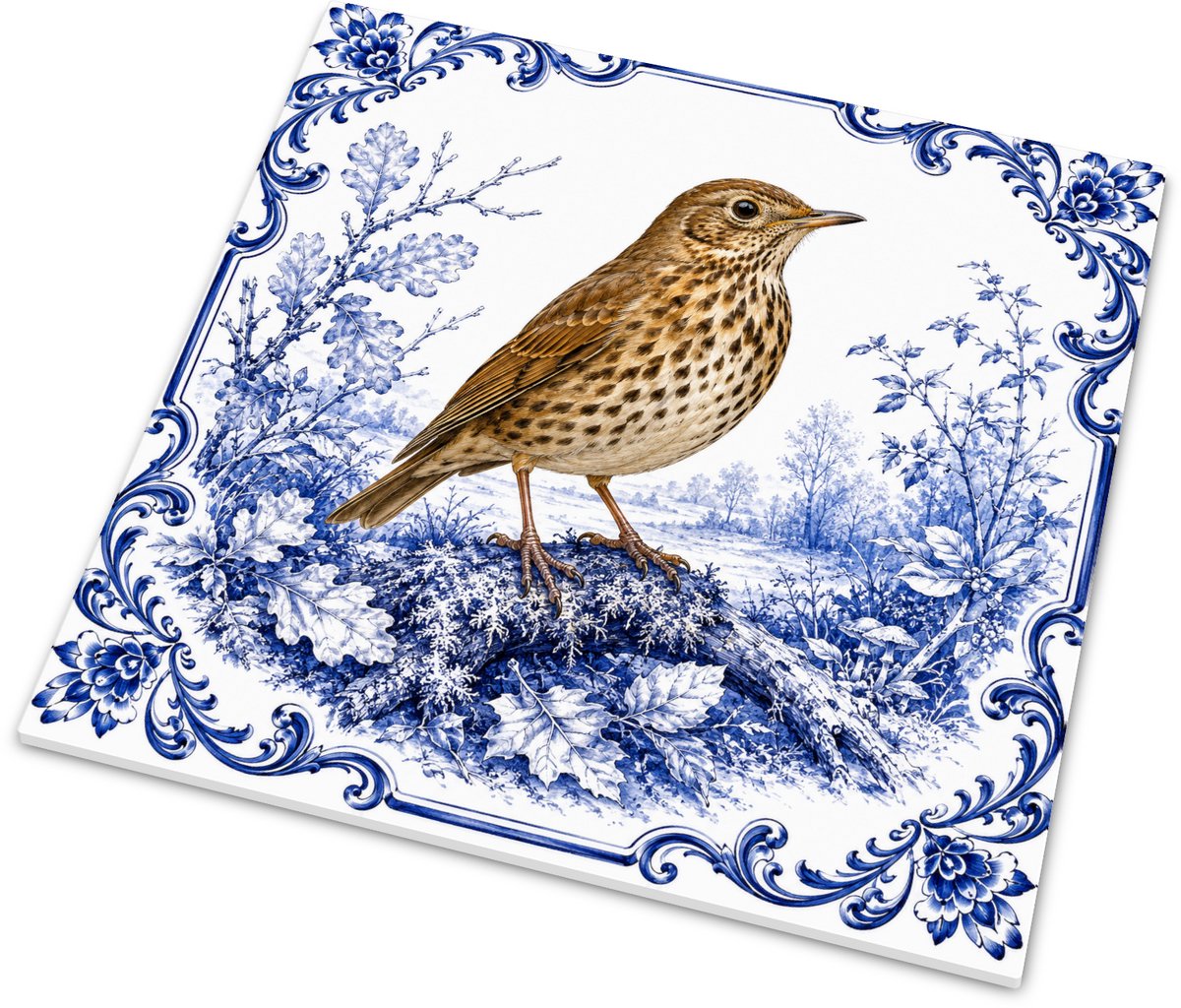 Delft Blue Series - Tegeltje met Zanglijster (Turdus philomelos) - Decoratief Wandtegeltje