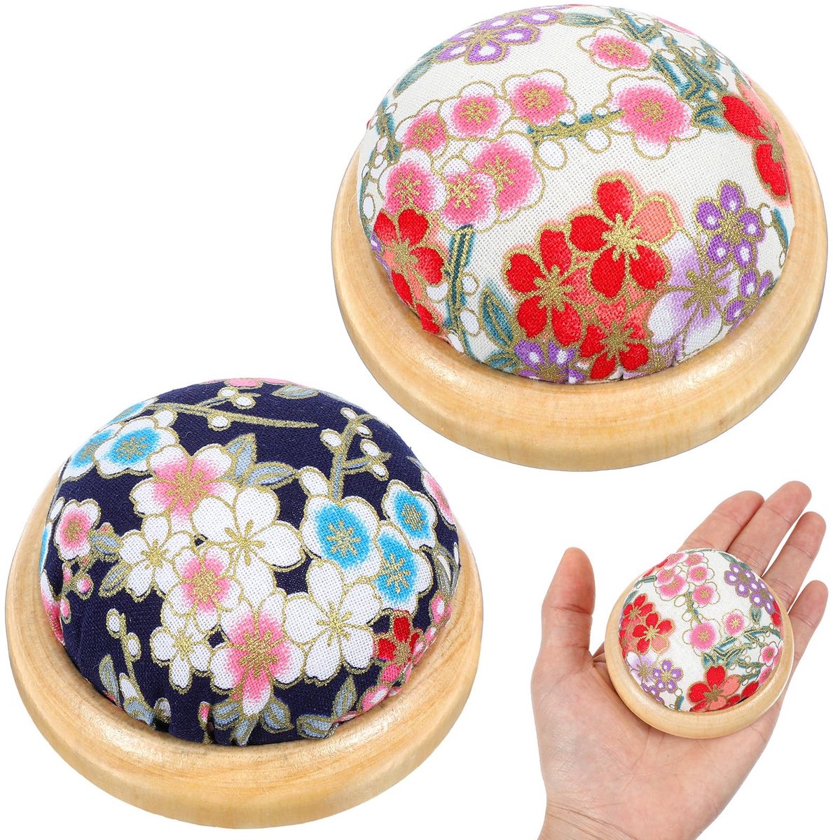Dailygoods- Naaldenhouder - Japanse Stijl - Houten Basis - Katoenen Bloem Motief - Set van 2 - Afmetingen 2.76 × 4 cm / 7 × 4 cm - Pincushion