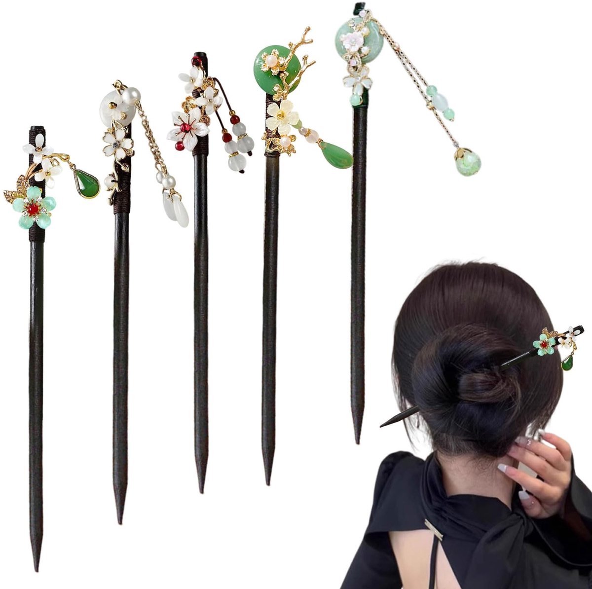 Dailygoods- Haarspeld 5 Stuks Houten - Chinese Haarspelden - Versierd met Bloemen/Kwastjes - Voor Lang Haar - Lichtgewicht - Schokbestendig - Haarstok