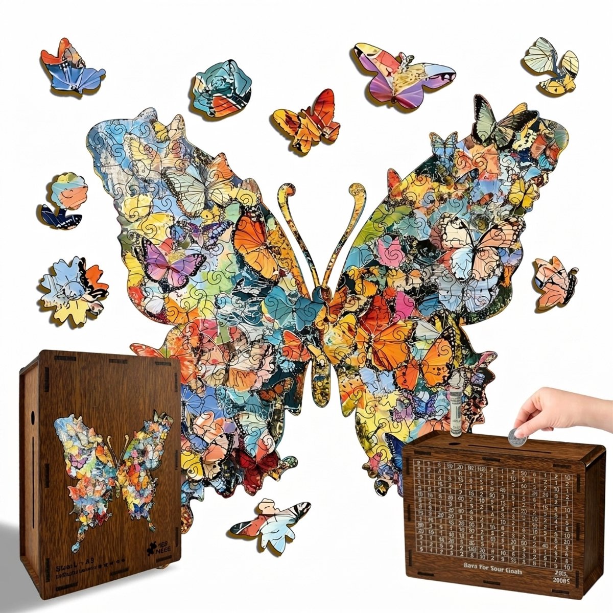 Ryoudavell - Houten Puzzel voor Volwassenen - Betoverende Vlinder - Houten Puzzel - puzzel - 162 Stukjes - spaarpot volwassenen - FSC-gecertificeerd hout (Formaldehyde-vrij) -stijl - Cadeau & Decoratie - 28 x 28 cm - Niet compatibel met LEGO