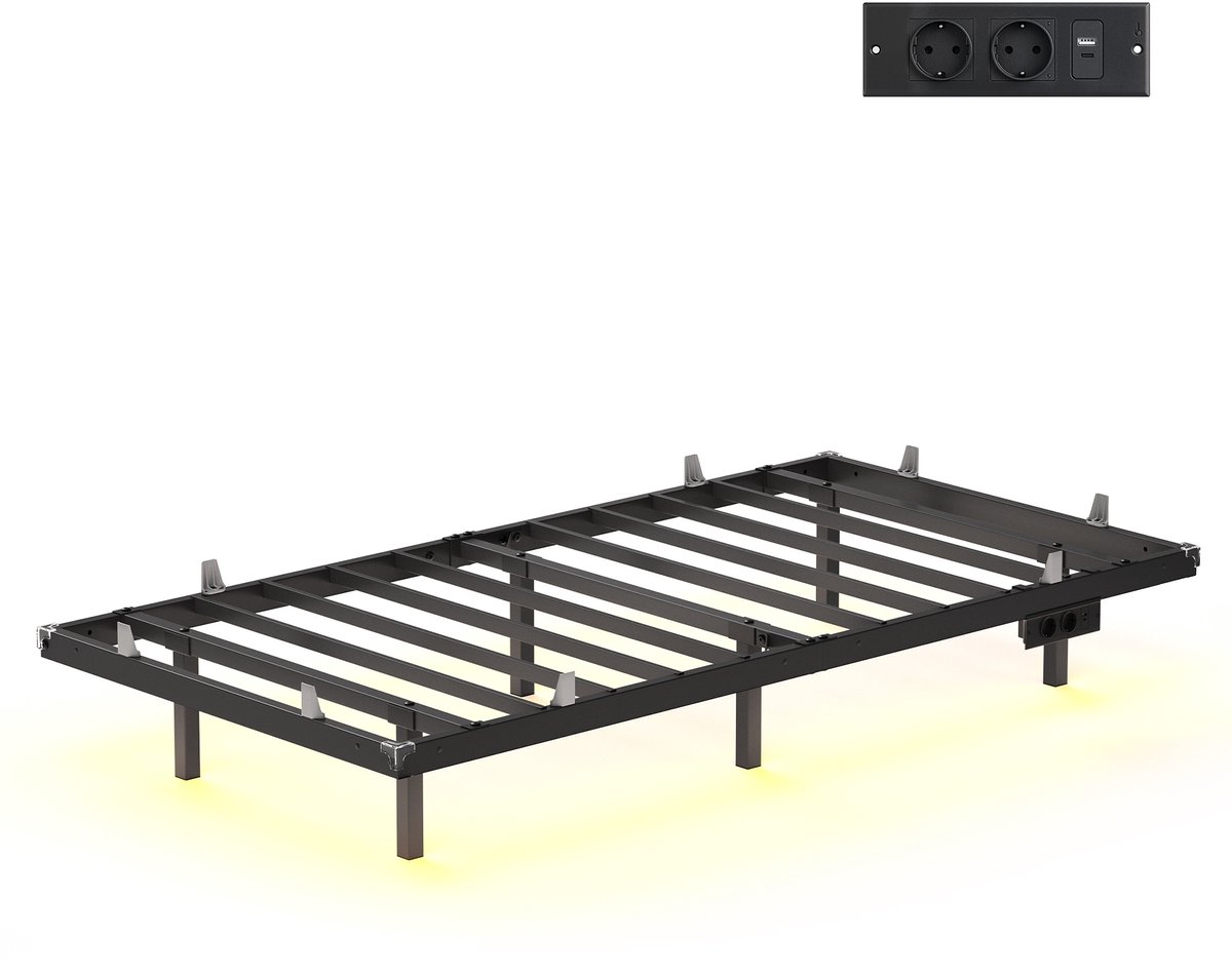 VASAGLE - Bed - Metalen Bed - Met LED-Verlichting - Afneembaar Oplaadstation - Stevige Constructie 250 kg