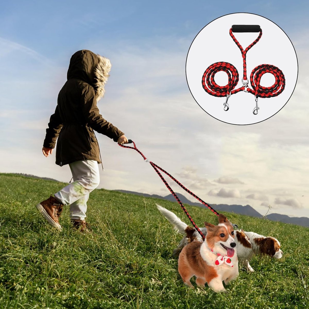 Dubbele riem voor 2 honden, knoopvrije hondenriem, versterkte dubbele riem met gewatteerde handvatten voor kleine, middelgrote en grote honden, voor training, 10 mm * 140 cm (Rood)