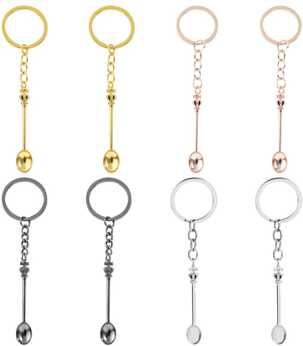 Dailygoods- Kroonlepel Sleutelhanger 8 Stuks - Mini Medicijnlepel - Legering - Goud/Gunmetal/Roségoud/Zilver - 5,4 cm x 1 cm - Schattige Rugzak Hanger