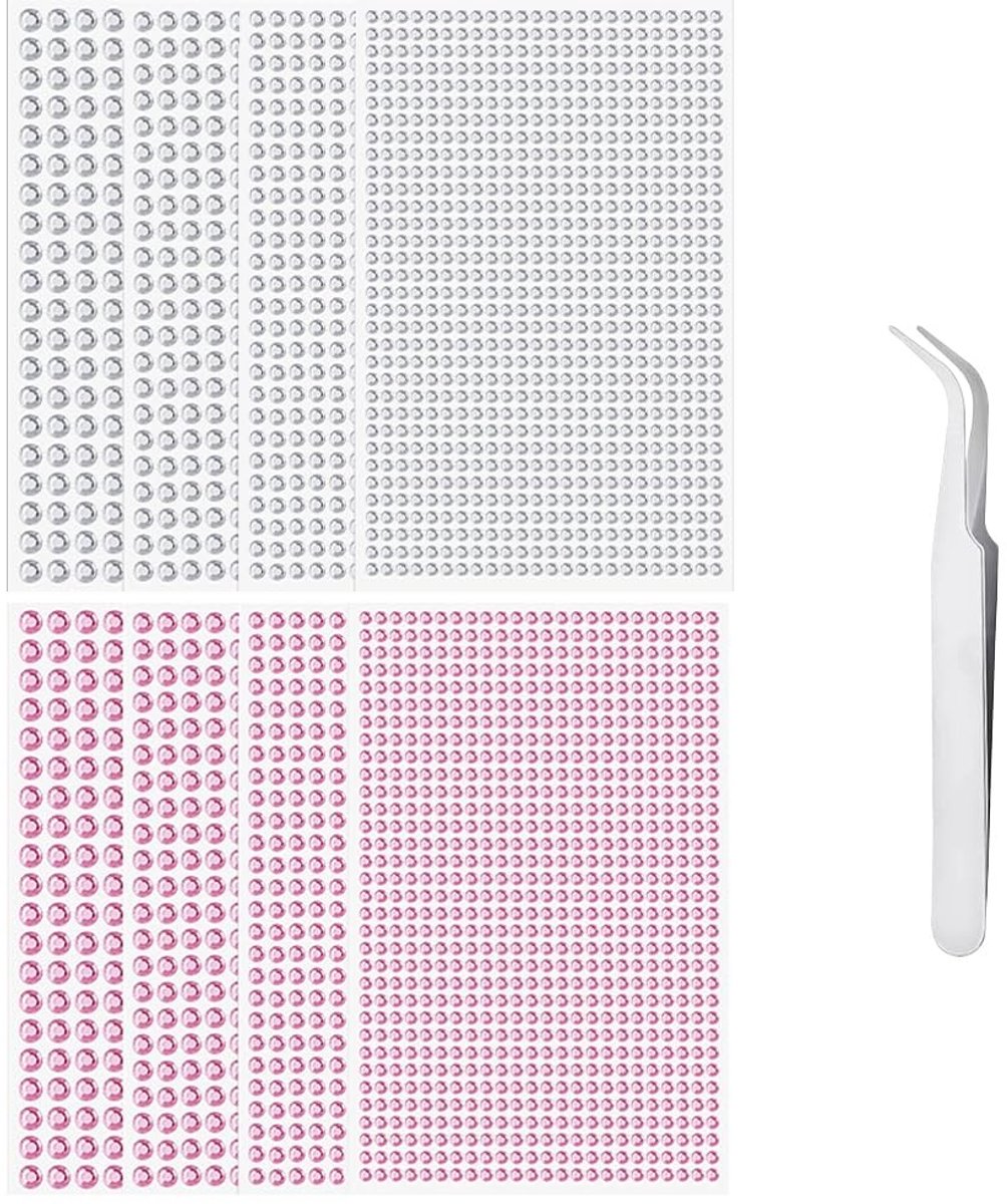 Dailygoods- Strass Stickers 8 Vellen - Zelfklevend - Ronde Acryl Steentjes 3/4/5/6 mm - Pincet 10 cm - Bling Decoratie - Voor Nagel/Mode Ambachten - Decoratiestickers