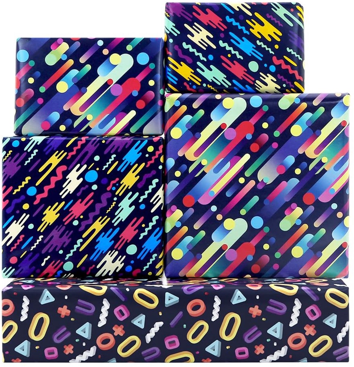 Dailygoods- Cadeaupapier Retro 80s/90s - Inpakpapier Verjaardag - 6 Vellen 50x70 cm - Neon Feest - Geschikt voor Kinderen - Trendy Ontwerp