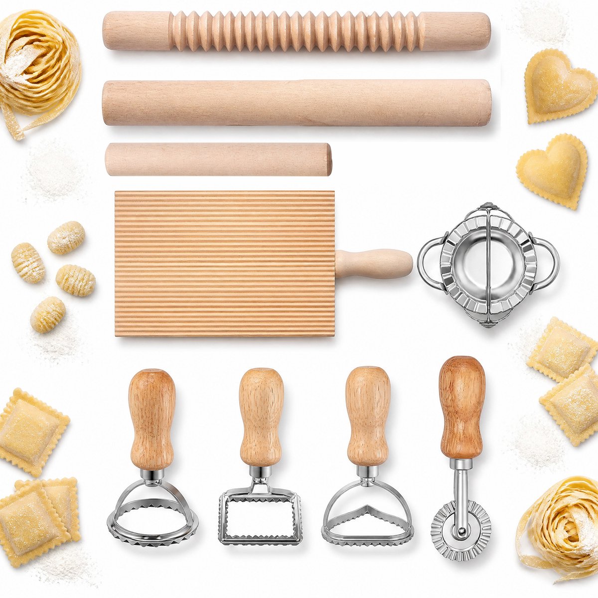 Pasta en Dumpling Maker Set 9-delig - DIY Keuken Bakset voor Pasta en Dumplings - Houten en RVS Keukentools - Deegroller en Snijvormen Set