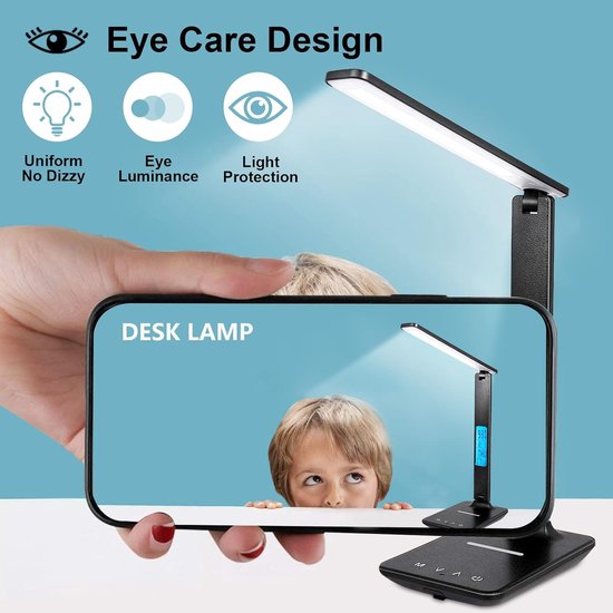 Led bureaulamp - Bureaulamp Met Draadloze Oplader - TENZHVXI® - Oogbescherming Zonder Flikkering - Multi-as Rotatie En Dimbaar - Lcd-klok Met Temperatuurweergave - Inclusief Usb-poort - Ideaal Voor Thuiswerkplek En Studentenkamer van TENZHVXI — afbeelding 4