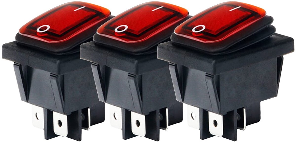 Orbit Electronic Wipschakelaar ON-OFF - 4-pins - 30x22mm - 16A 250V - Spat Waterdicht - KCD4-201-16 - Rood - 3 stuks