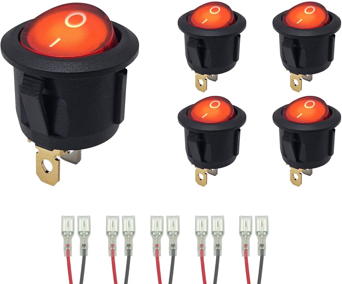 ProRide Wipschakelaar ON-OFF KCD2-220 - met Aansluitkabels - Rond - 3 pins - 250V/6A - Rood - 5 stuks