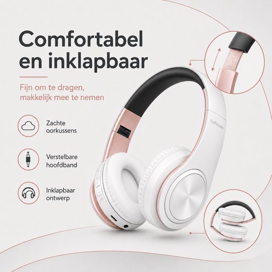 DrPhone BH1 - Draadloze Bluetooth Koptelefoon - FM Radio, Micro SD en AUX - On-Ear Headset met Microfoon - Wit/Rose