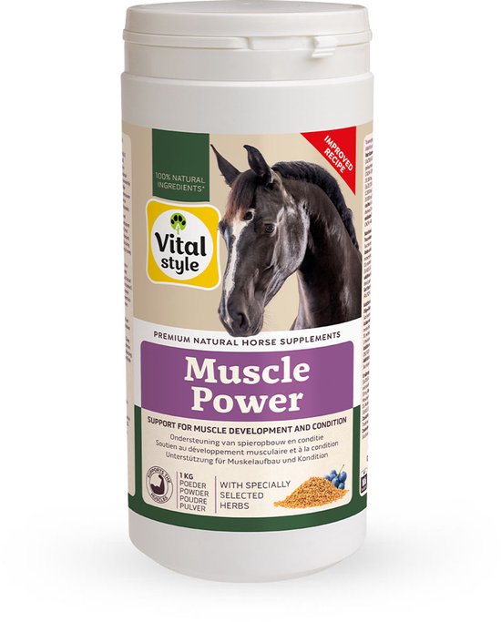 Vitalstyle MusclePower - Paarden Supplement - Voor Extra Kracht En Uithoudingsvermogen - Met o.a. extra Eiwit en Antioxidanten - 1 kg Vitalstyle MusclePower - Paarden Supplement - Voor Extra Kracht En Uithoudingsvermogen - Met o.a. extra Eiwit en Antioxidanten - 1 kg