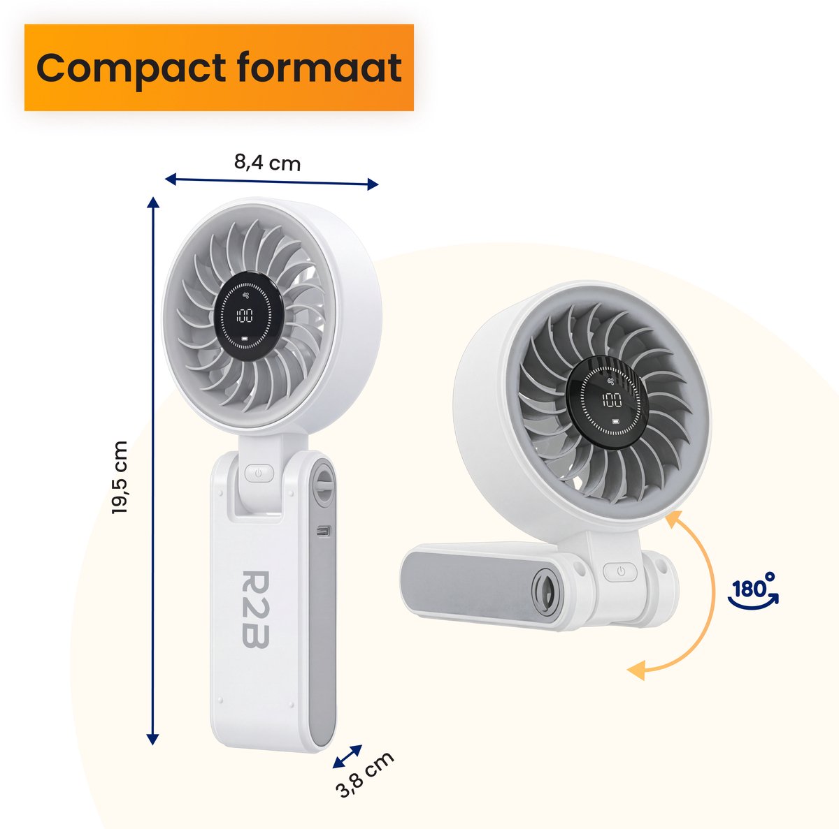 R2B Handventilator Oplaadbaar - Draagbare Mini Ventilator - Nekventilator met 100 Snelheden - Opvouwbaar - 4000 mAh - LED Display en Draagkoord — afbeelding 10
