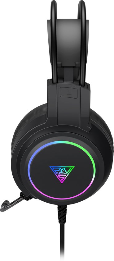 Zwarte gaming headset met microfoon en RGB-verlichting op de zijkant van de oorschelp.