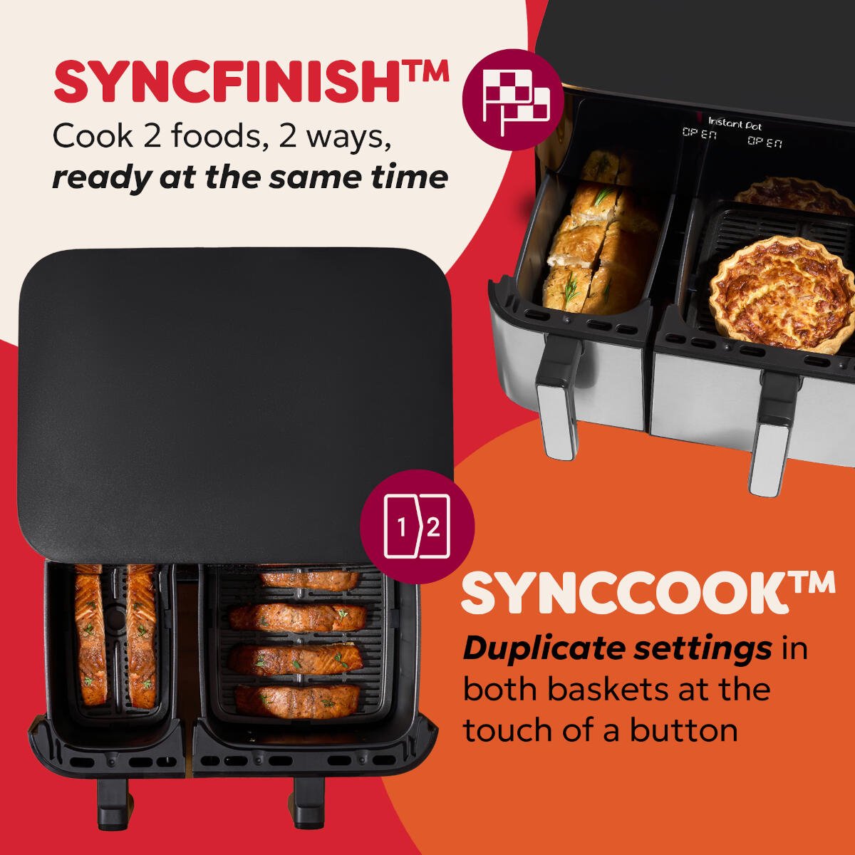 Instant Pot Vortex Dual 11L PFAS-vrije Airfryer - Dubbele mand 7L + 4L - 8-in-1 kookfuncties - EvenCrisp™ Technologie - SyncCook™ & SyncFinish™ - Snelle energiezuinige airfryer voor het hele gezin thumbnail 5