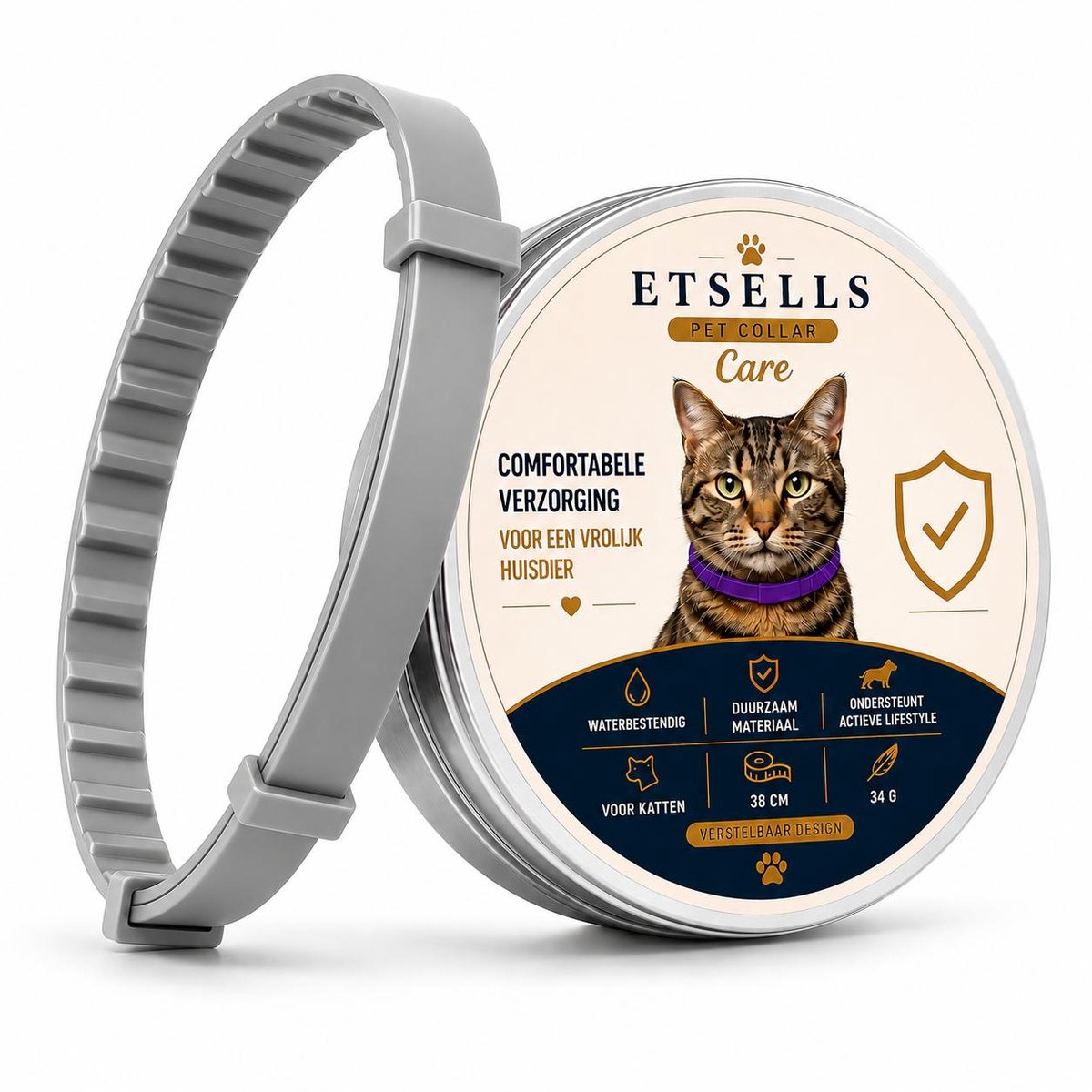 ETSELLS Halsband Kat Grijs – Verstelbare Kattenhalsband tot 38 cm – Waterbestendig, Lichtgewicht en Duurzaam – Inclusief Verzorgingskam