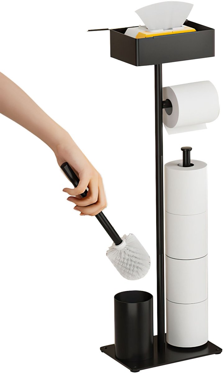 Vrijstaande toiletborstelhouder met toiletrolhouder en reserve rolhouder met opbergbox zwart badkamer organizer toilet accessoires set staand model