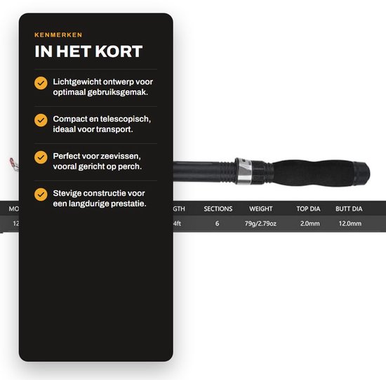 Dailygoods- Hengel 1,2 meter - Telescopische Hengel - Zeevissen - Kunststof - Lichtgewicht 81 gram - Geschikt voor draaiende visstechniek - Vishengel van Dailygoods — afbeelding 3