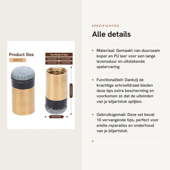 Allecto - Pool Cue Tips - Vervangende Tips voor Biljart en Snooker - 10mm Koper PU Leer - 10 Stuks - Biljartaccessoires - Duurzaam en Betrouwbaar van Allecto — afbeelding 3