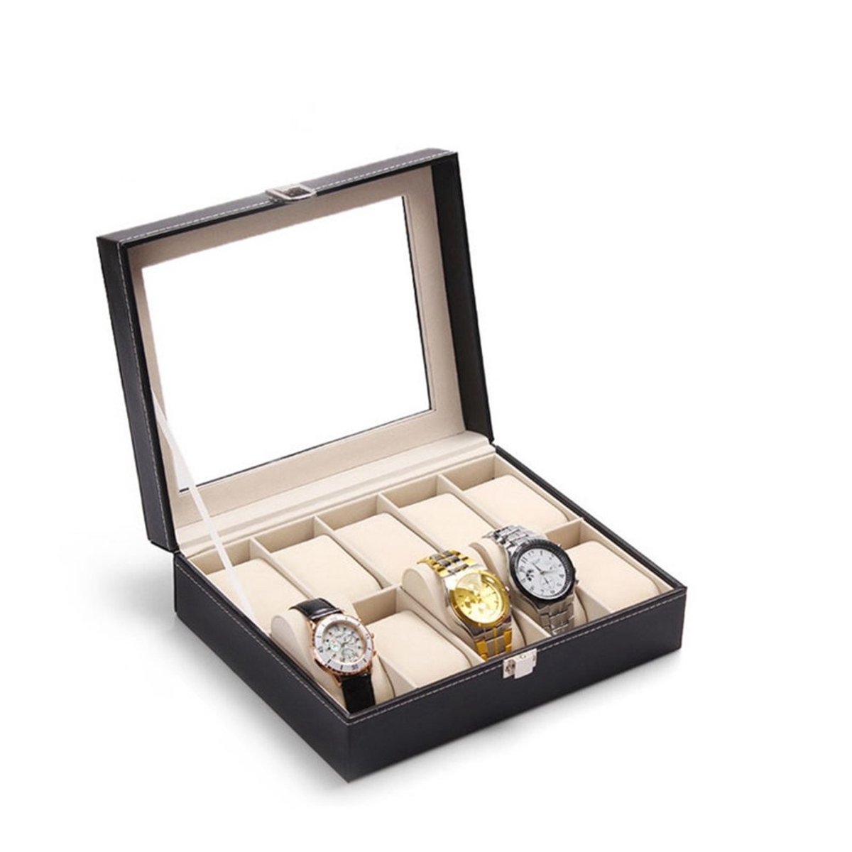 Dailygoods- Horloge Doos 10 Sleuven - Doorkijk Acryl Top - Zachte Kussens - Stijlvolle Organizer - Bescherming tegen Stof en Krassen - Horlogekast
