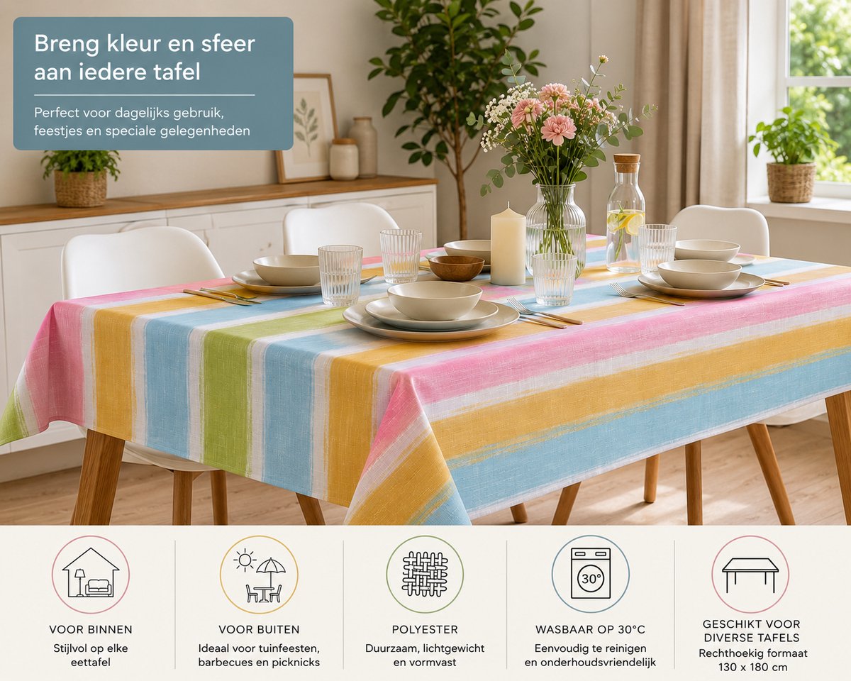 Excellent Houseware Tafelkleed 130x180 cm – Gestreept Pastel – Roze, Geel, Groen & Blauw – Polyester Tafelkleed voor Binnen en Buiten
