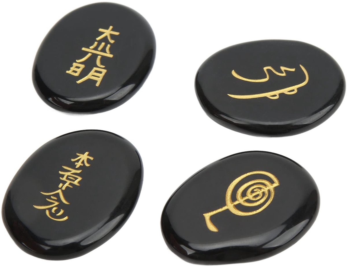 Dailygoods- Chakra Stenen Set - 4 Stuks - Reiki Symbolen - Healing Kristal - Meditatie Ornament - Energie Genezing - Opbergzak - Healing Stones