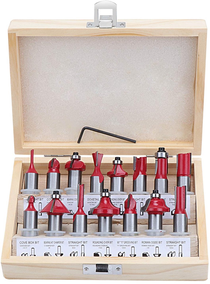 Dailygoods- Freesset 15 Stuks - 1/2 Inch Schacht - Wolfraam Hardmetalen - Houtbewerking Gereedschap - Houten Koffer - Duurzaam en Perfecte Sneden - Routerbits