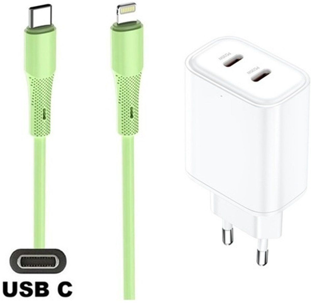35W super snellader met 2 poorten USB C en USB C + 1,0m USB C naar Lightning kabel. Universele PD lader. Oplader adapter past op Apple iPhone 13, 13 Mini, 13 Pro, 13 Pro Max, iPhone 14, 14 Plus, 14 Pro, 14 Pro Max