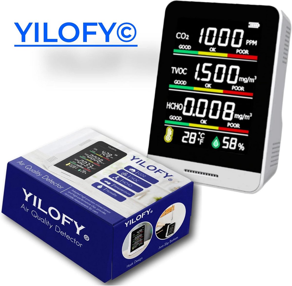 Luchtkwaliteit Meter - Hygrometer CO2 Sensor - Gezondheid Monitoren - 5 in 1 Functie - Draagbaar LCD - Wit
